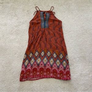 Monteau LA dark orange patterned mini dress with neckline embroidery, size M lik